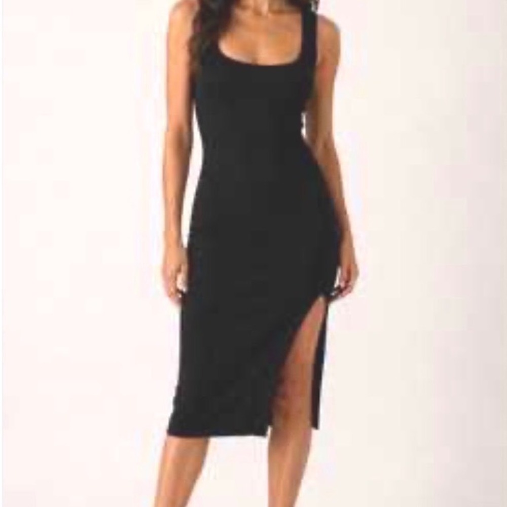 NWT Leith Dress Womens Size Small LBD Black Minimalist Bodycon Midi Side Slit